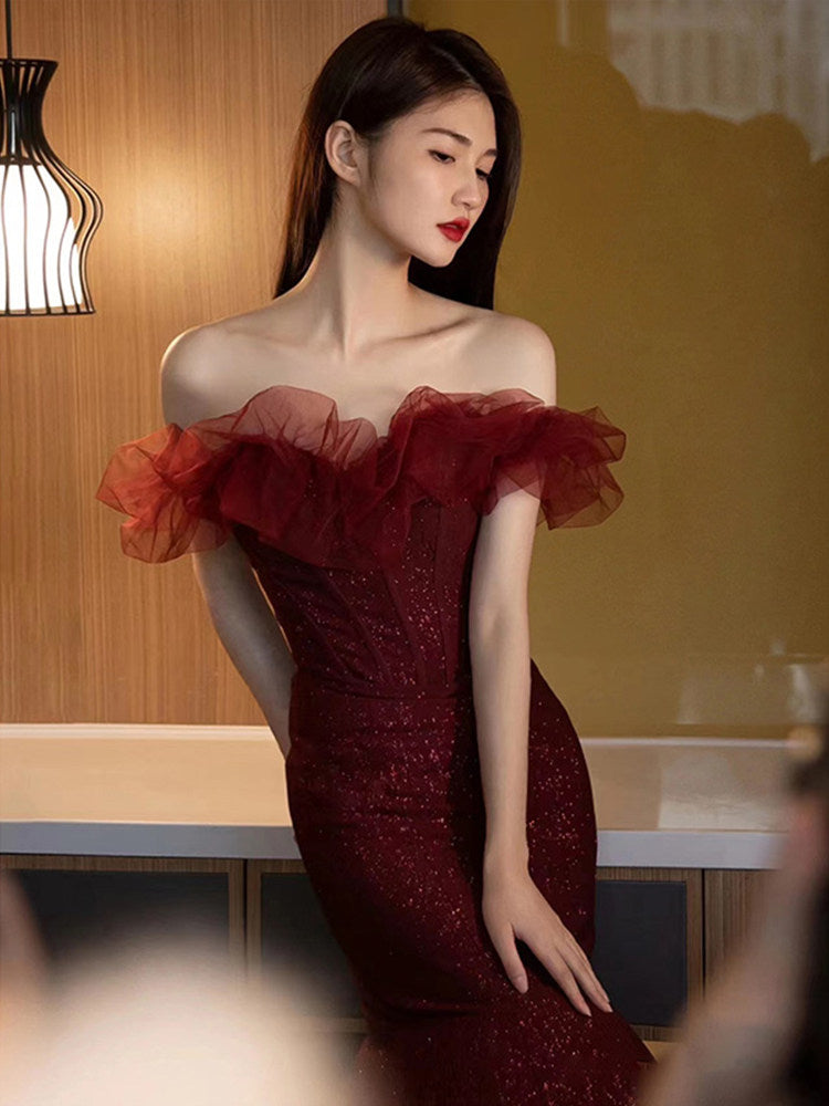 Off The Shoulder Burgundy Mermaid Prom Dress Sexy Evening Dress  P292