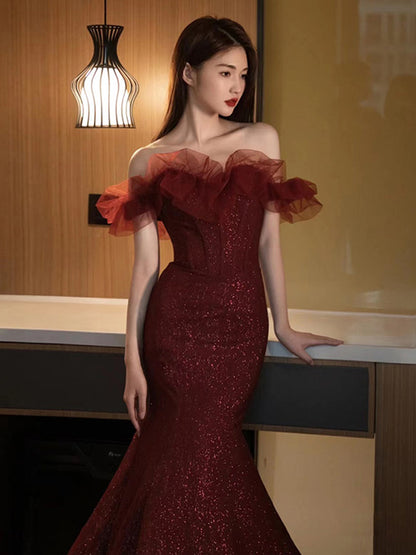 Off The Shoulder Burgundy Mermaid Prom Dress Sexy Evening Dress  P292