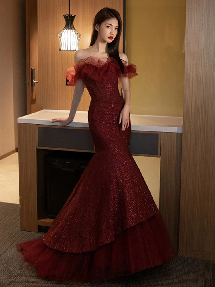 Off The Shoulder Burgundy Mermaid Prom Dress Sexy Evening Dress  P292