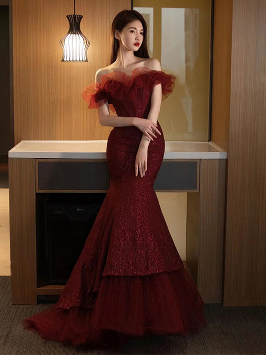 Off The Shoulder Burgundy Mermaid Prom Dress Sexy Evening Dress  P292
