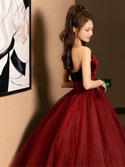 A Line Burgundy Tulle Prom Dress Velvet Formal Evening Dress  P293
