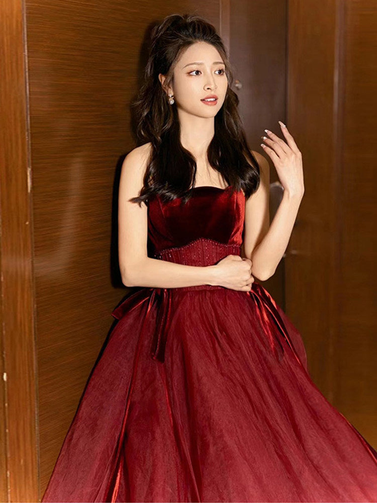 A Line Burgundy Tulle Prom Dress Velvet Formal Evening Dress  P293