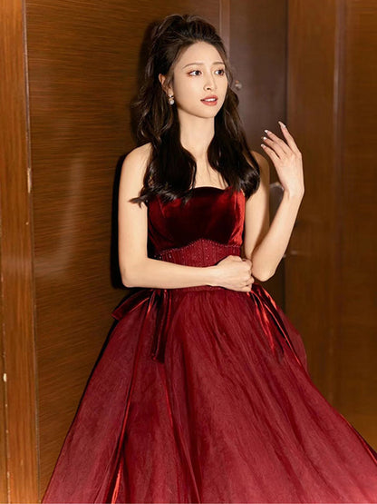 A Line Burgundy Tulle Prom Dress Velvet Formal Evening Dress  P293