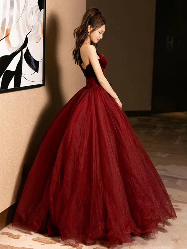 A Line Burgundy Tulle Prom Dress Velvet Formal Evening Dress  P293