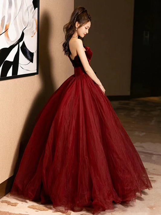 A Line Burgundy Tulle Prom Dress Velvet Formal Evening Dress  P293