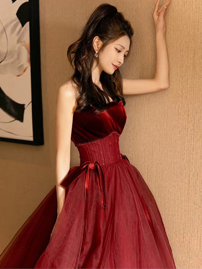 A Line Burgundy Tulle Prom Dress Velvet Formal Evening Dress  P293