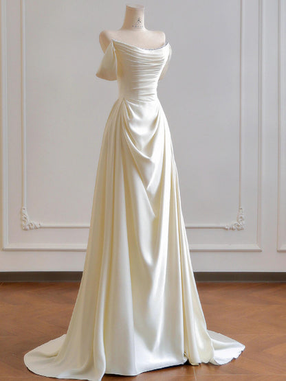 Off The Shoulder Satin Wedding Dress Elegant Evening Dress  P294