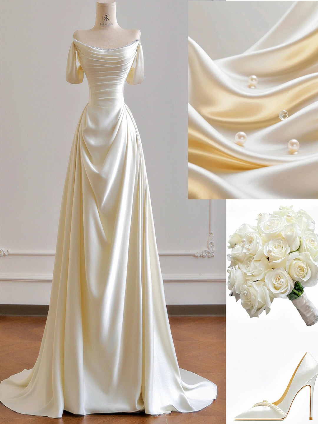Off The Shoulder Satin Wedding Dress Elegant Evening Dress  P294