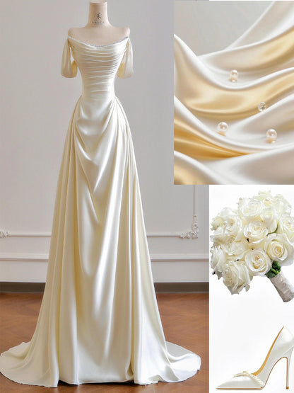 Off The Shoulder Satin Wedding Dress Elegant Evening Dress  P294