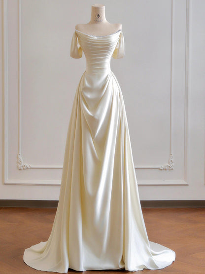 Off The Shoulder Satin Wedding Dress Elegant Evening Dress  P294