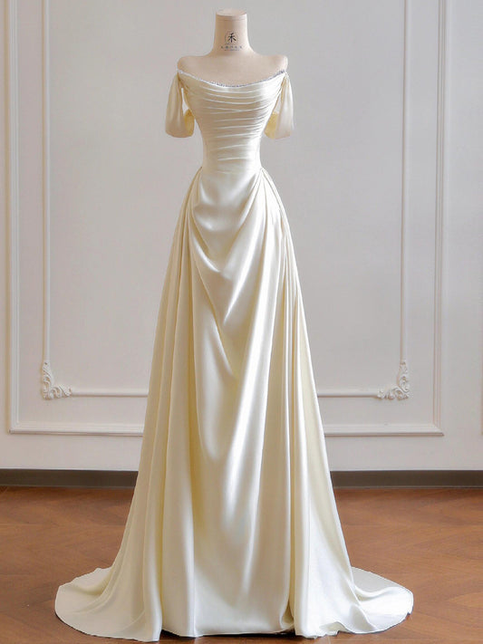 Off The Shoulder Satin Wedding Dress Elegant Evening Dress  P294
