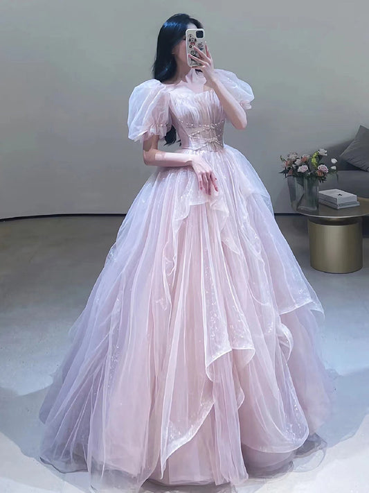 A Line Pink Prom Dress Off The Shoulder Organza Formal Dress  P295