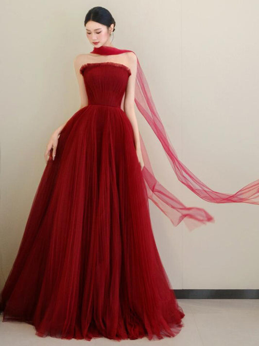 Strapless Burgundy Tulle Prom Dress A Line Formal Dress  P296