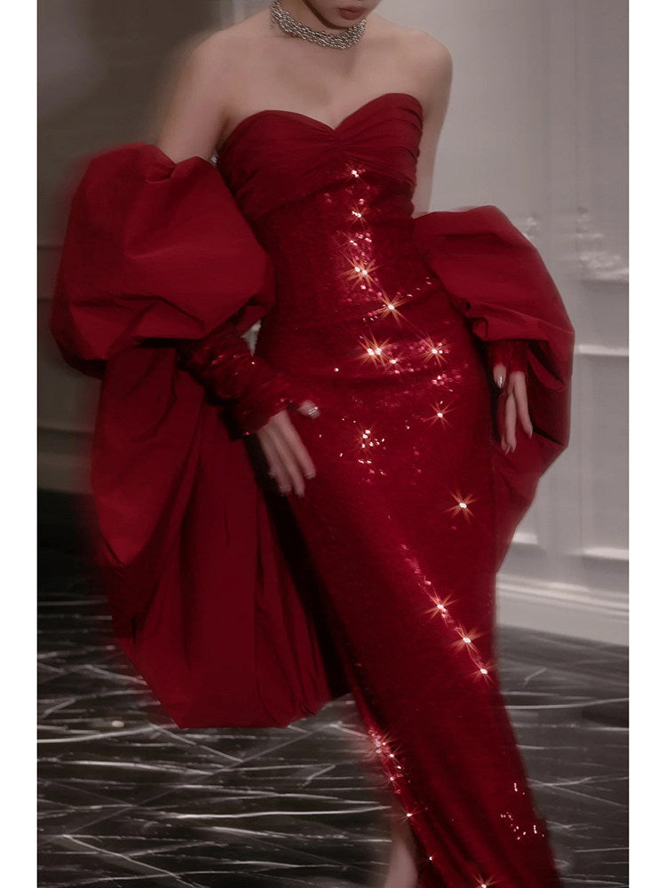 Sweetheart Burgundy Sheath Prom Dress Sexy Sequin Evening Dress  P297