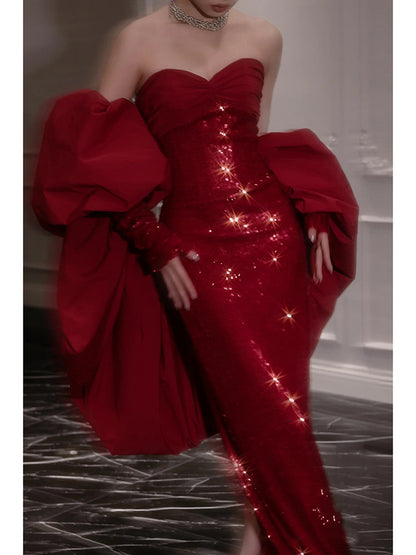 Sweetheart Burgundy Sheath Prom Dress Sexy Sequin Evening Dress  P297