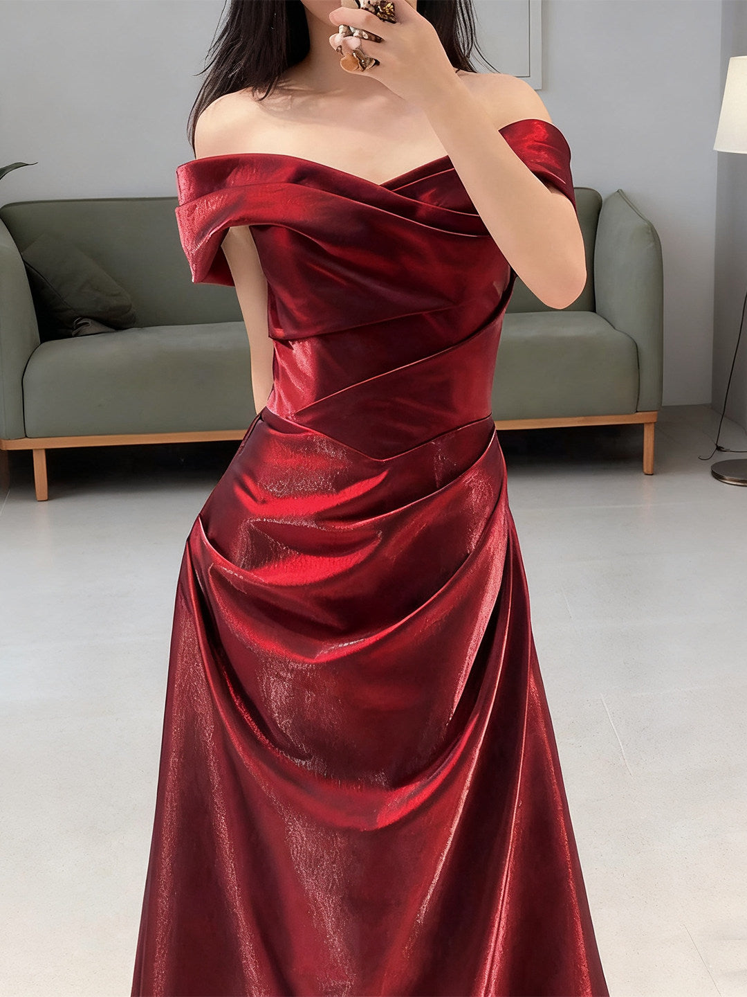 Off The Shoulder Burgundy Prom Dress A Line Elegant Evening Dress  P298