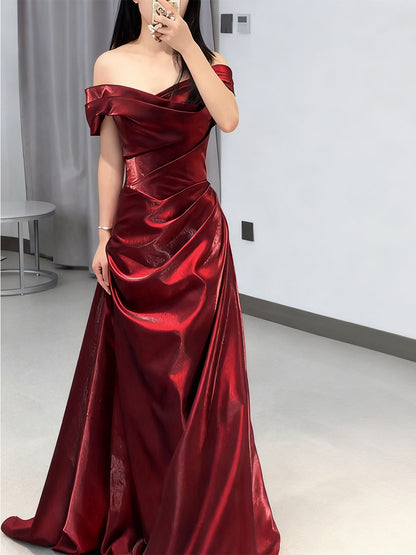Off The Shoulder Burgundy Prom Dress A Line Elegant Evening Dress  P298