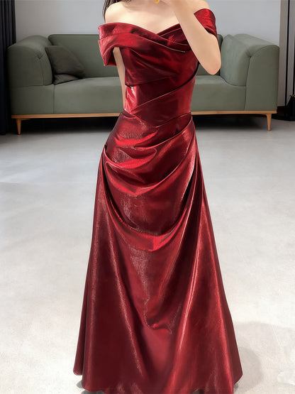 Off The Shoulder Burgundy Prom Dress A Line Elegant Evening Dress  P298