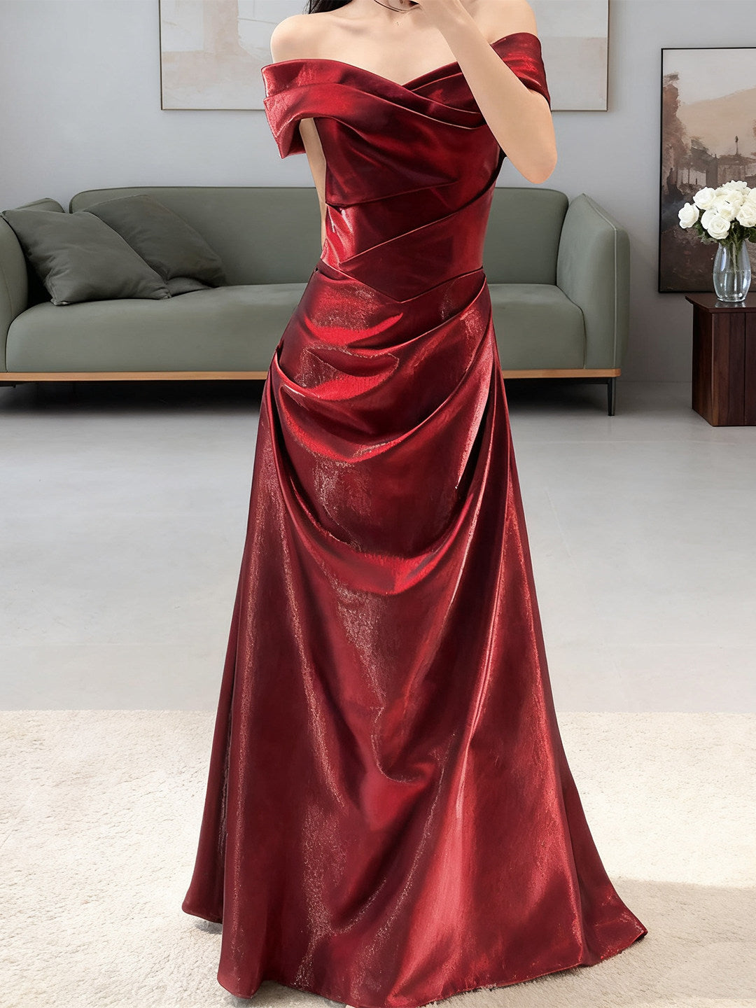 Off The Shoulder Burgundy Prom Dress A Line Elegant Evening Dress  P298