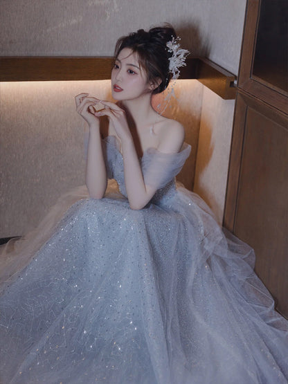 Off The Shoulder Blue Tulle Prom Dress A Line Elegant Evening Dress  P299