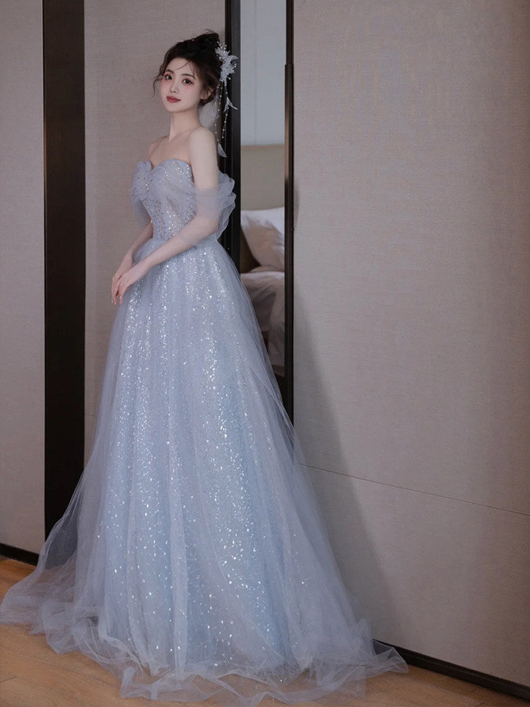 Off The Shoulder Blue Tulle Prom Dress A Line Elegant Evening Dress  P299
