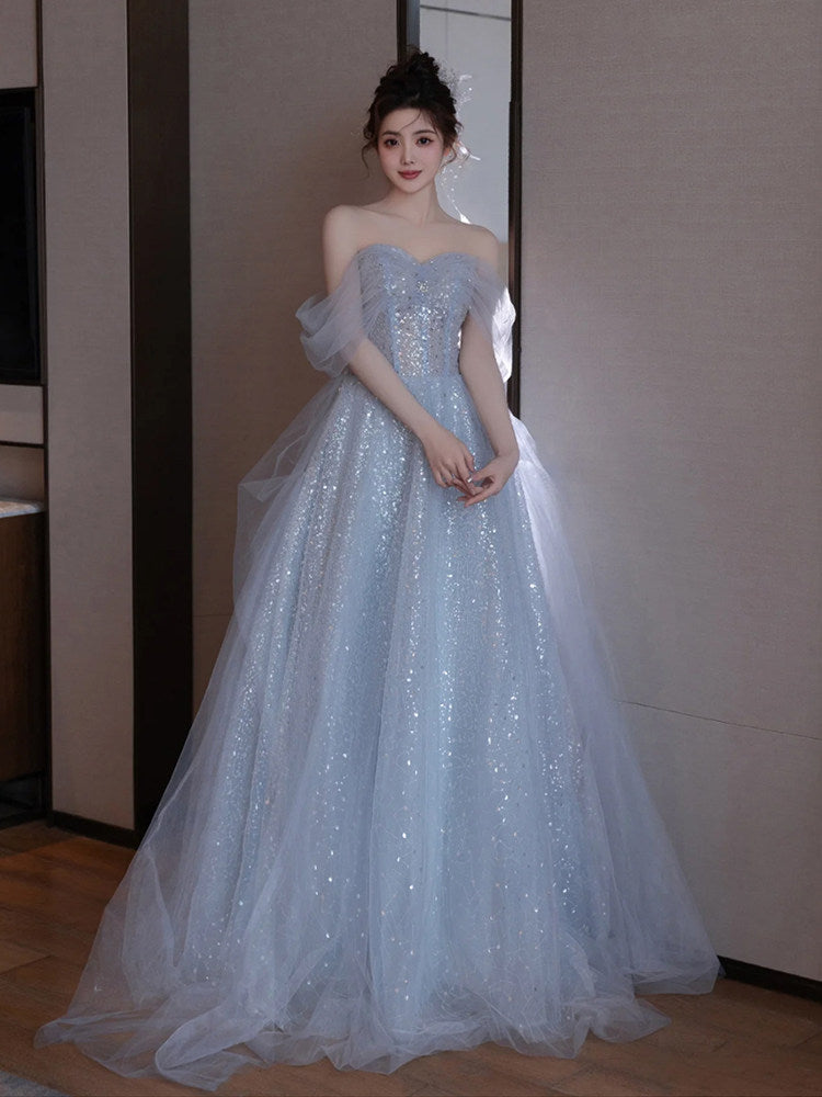 Off The Shoulder Blue Tulle Prom Dress A Line Elegant Evening Dress  P299