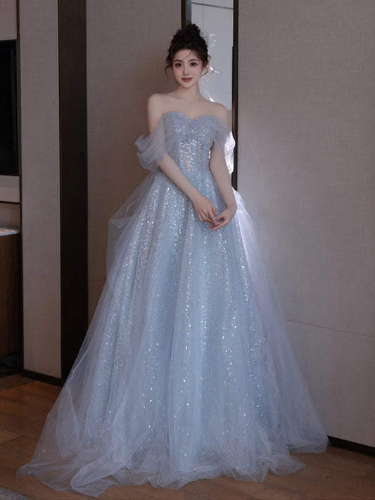 Off The Shoulder Blue Tulle Prom Dress A Line Elegant Evening Dress  P299