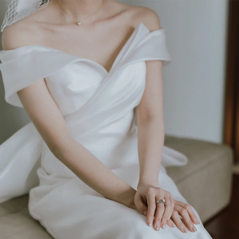 Off The Shoulder Satin Wedding Dress Elegant Gown For Bridal  P300