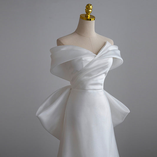 Off The Shoulder Satin Wedding Dress Elegant Gown For Bridal  P300