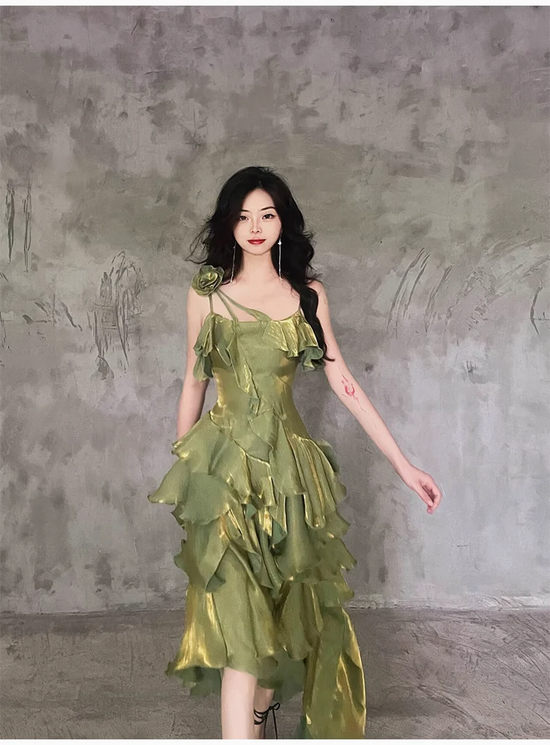 Irregular Ruffled Spaghetti Straps Green Prom Dresses Long Birthday Dress  P301