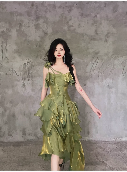 Irregular Ruffled Spaghetti Straps Green Prom Dresses Long Birthday Dress  P301