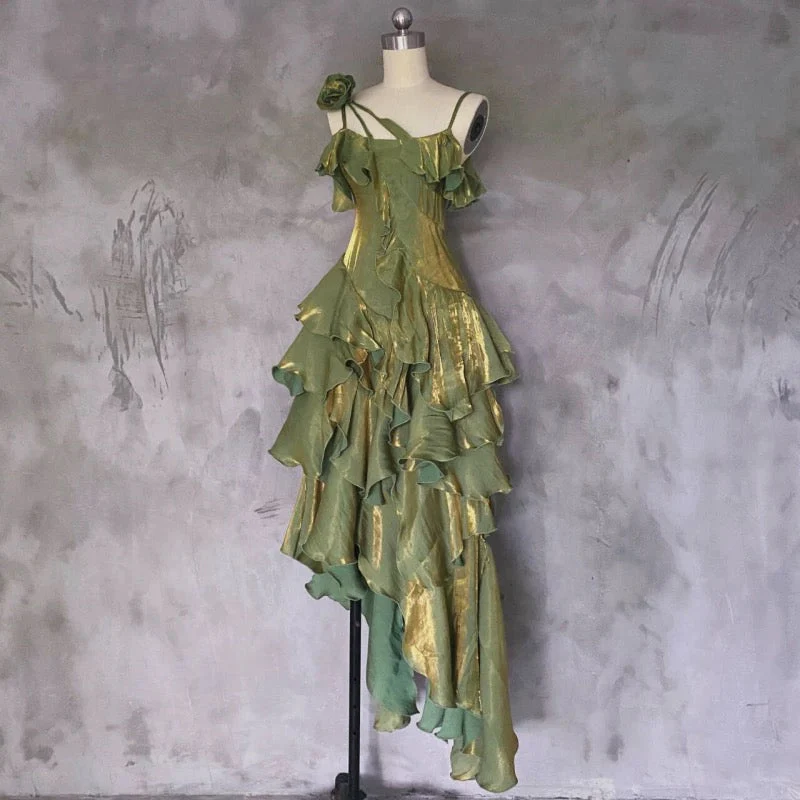 Irregular Ruffled Spaghetti Straps Green Prom Dresses Long Birthday Dress  P301