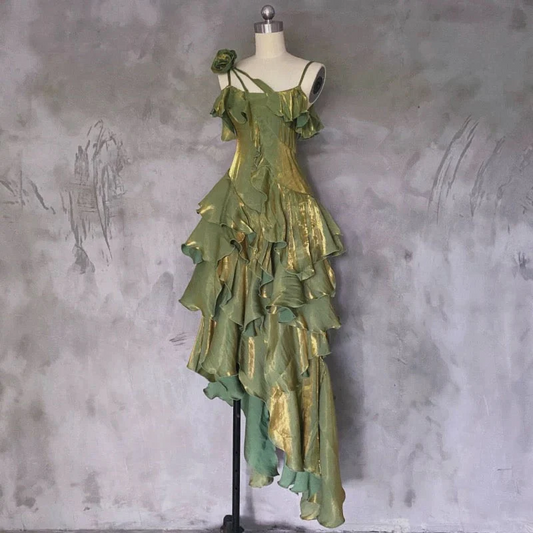 Irregular Ruffled Spaghetti Straps Green Prom Dresses Long Birthday Dress  P301