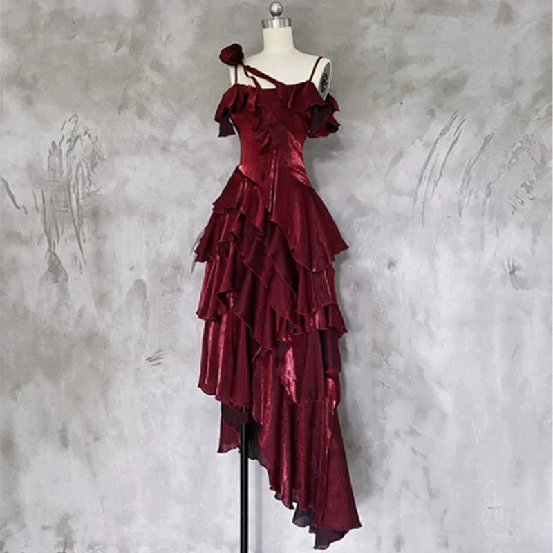 Irregular Ruffled Spaghetti Straps Burgundy Prom Dresses Long Birthday Dress  P302