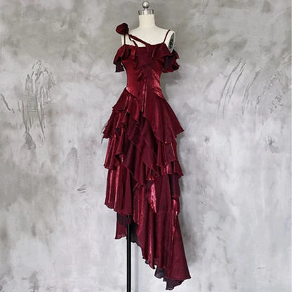 Irregular Ruffled Spaghetti Straps Burgundy Prom Dresses Long Birthday Dress  P302