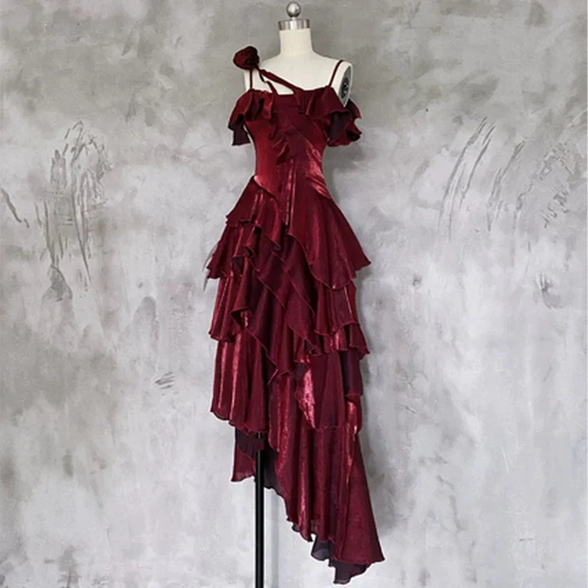 Irregular Ruffled Spaghetti Straps Burgundy Prom Dresses Long Birthday Dress  P302