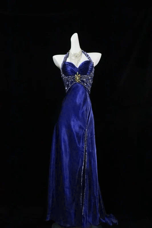 A Line Halter Navy Blue Slit Beads Long Prom Dress Evening Dresses  P303