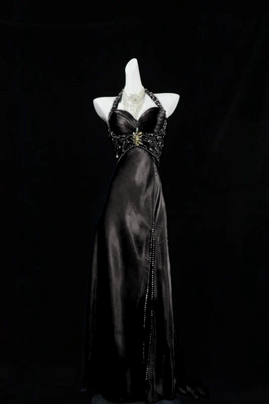 A Line Halter Navy Blue Slit Beads Long Prom Dress Evening Dresses  P303