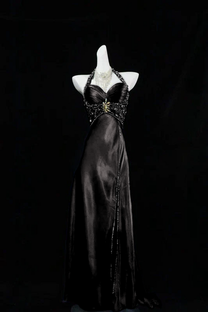 A Line Halter Navy Blue Slit Beads Long Prom Dress Evening Dresses  P303