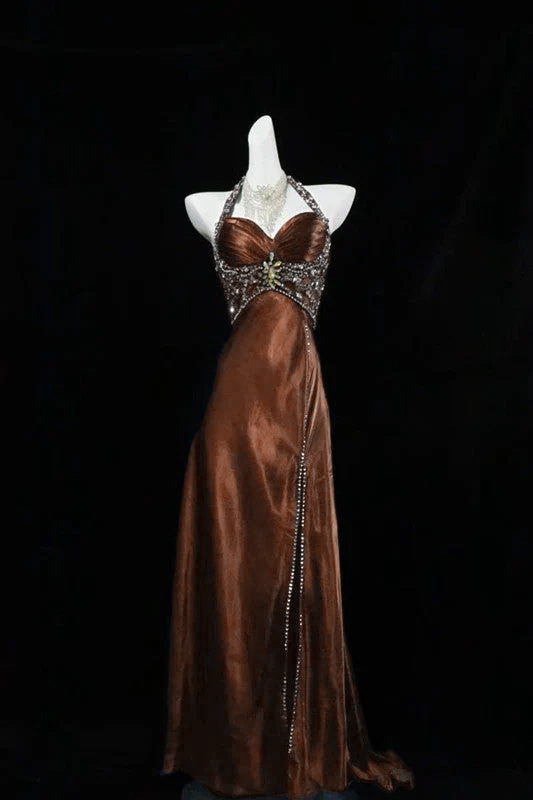 A Line Halter Navy Blue Slit Beads Long Prom Dress Evening Dresses  P303