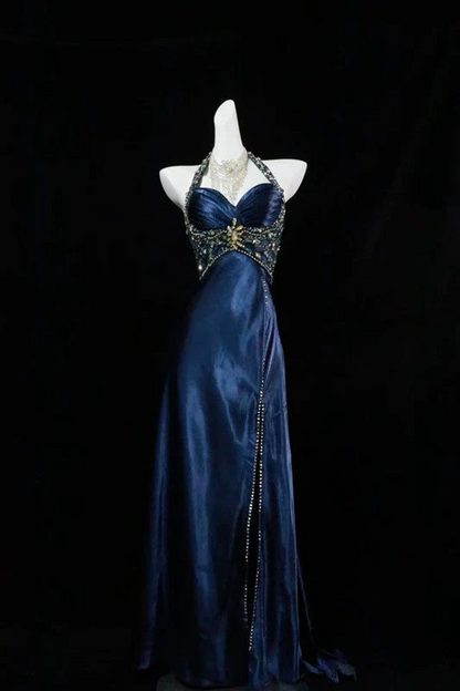 A Line Halter Navy Blue Slit Beads Long Prom Dress Evening Dresses  P303