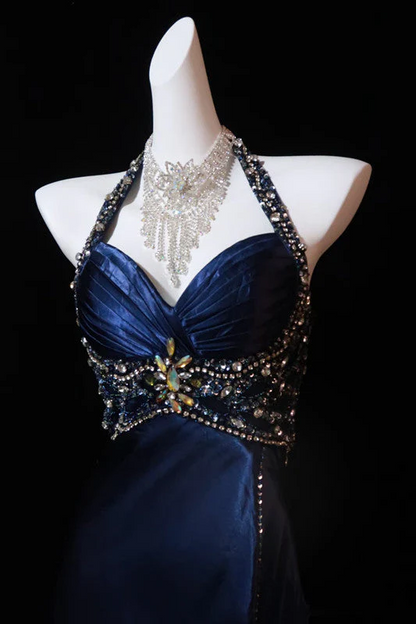 A Line Halter Navy Blue Slit Beads Long Prom Dress Evening Dresses  P303