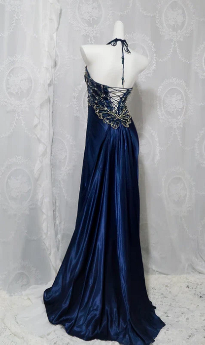 A Line Halter Navy Blue Slit Beads Long Prom Dress Evening Dresses  P303