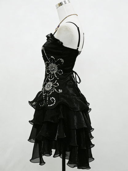A Line Black Ruffled Homecoming Dress Beaded Short Dress  P304