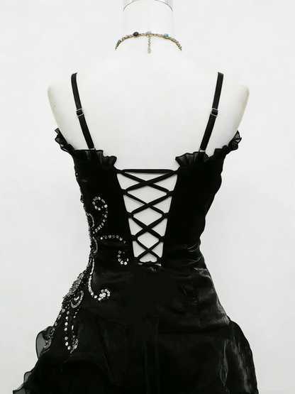 A Line Black Ruffled Homecoming Dress Beaded Short Dress  P304