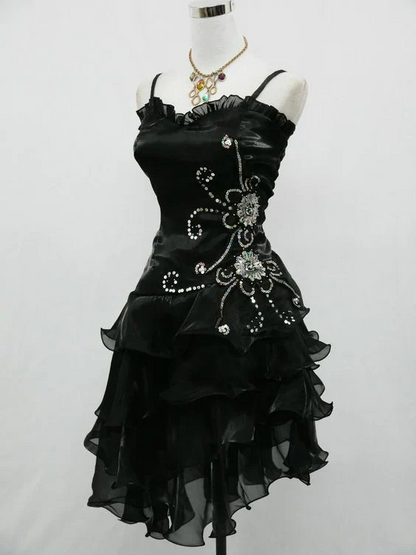 A Line Black Ruffled Homecoming Dress Beaded Short Dress  P304