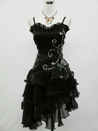 A Line Black Ruffled Homecoming Dress Beaded Short Dress  P304