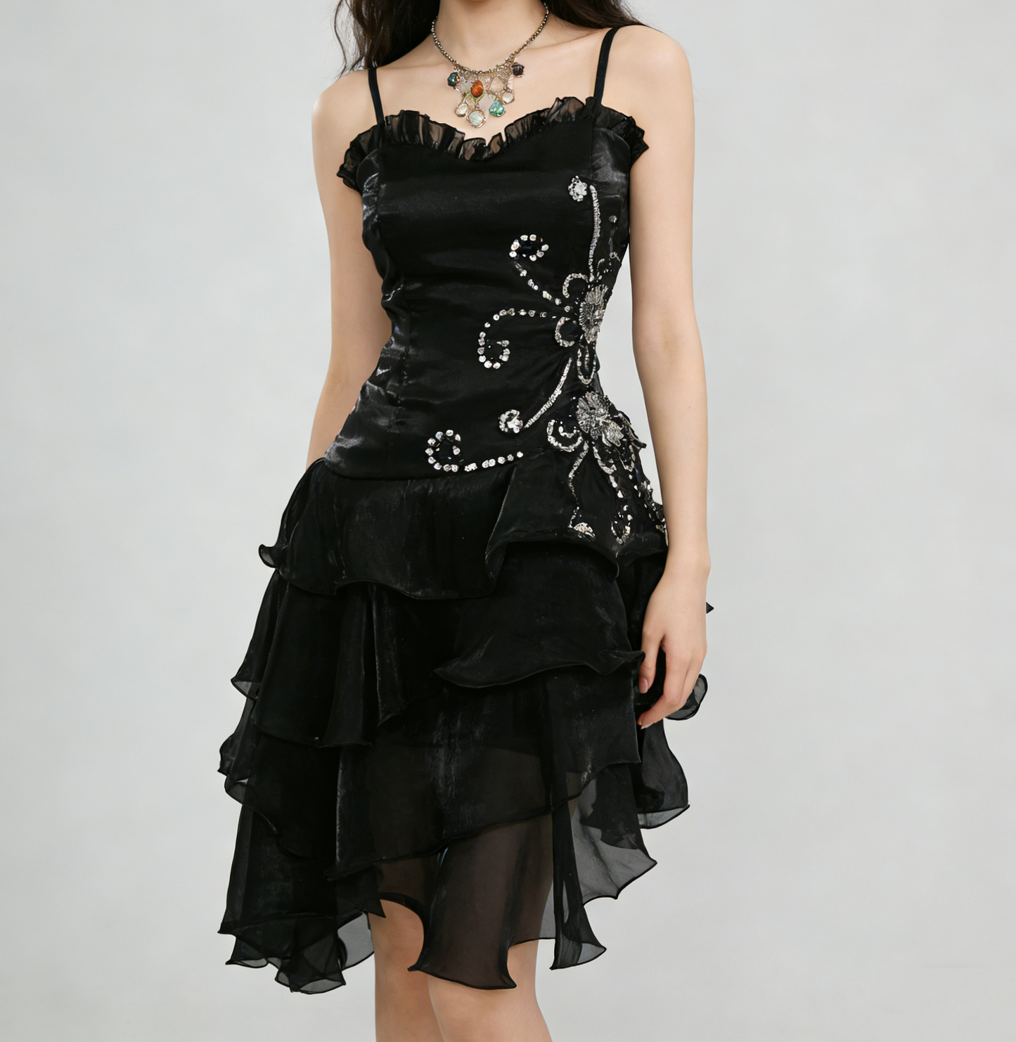 A Line Black Ruffled Homecoming Dress Beaded Short Dress  P304