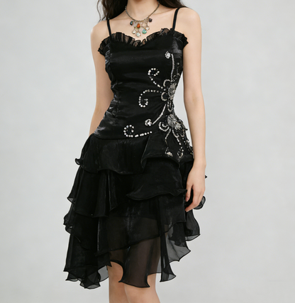 A Line Black Ruffled Homecoming Dress Beaded Short Dress  P304