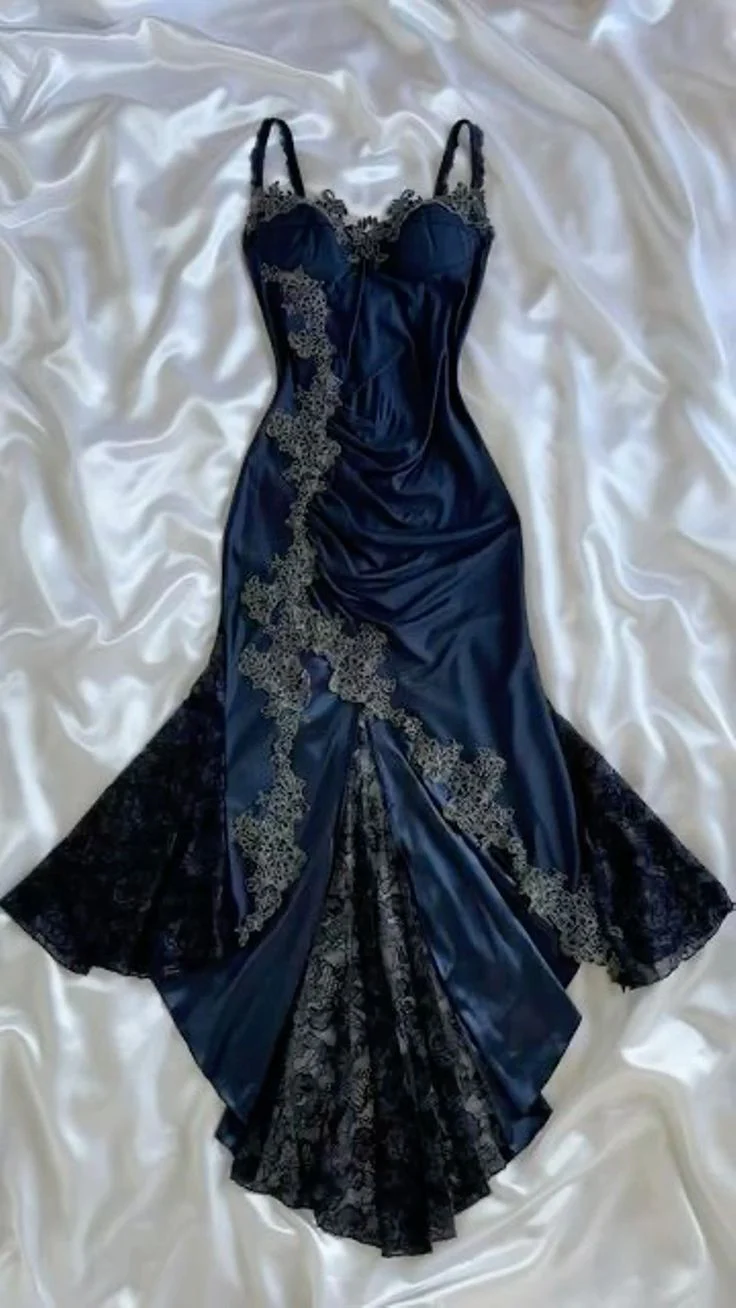 Sexy Mermaid Spaghetti Straps Satin Prom Dress Navy Blue Evening Dress  P306